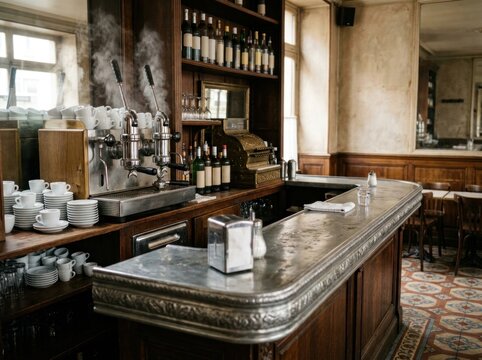 Classic vintage Parisian cafe bar and retro American diner interior featuring nostalgic leather booths and brass submarine details