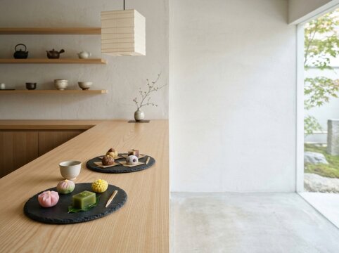 Tranquil oriental Zen teahouse interior featuring traditional tatami, wabi-sabi aesthetics, steaming tea sets, and heritage courtyard