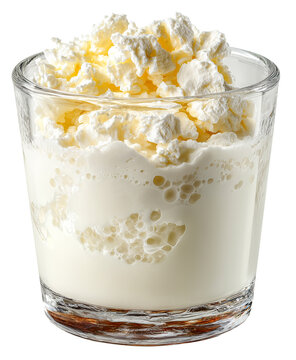 Glass of milk with curdled white clumps and clear liquid, highlighting decomposition and texture. separation creates unique visual contrast., isolated