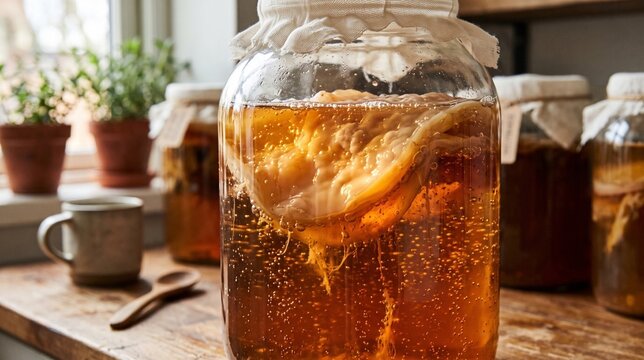 Macro view of a kombucha scoby pellicle fermenting in a glass jar