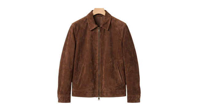 Stylish brown suede jacket hanging neatly on wooden hanger isolated smoothly on transparent background