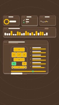 Vertical 9:16 animation of vehicle inspection blocks checking in amber and orange on a dark background. Seamless looping 4K motion graphics shot in portrait format for reels, shorts, stories and mobil