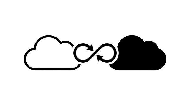 Cloud to cloud data transfer sync symbol icon, minimal line art style, isolated on transparent background