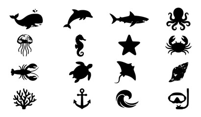 Fototapeta premium Flat sea creature and ocean symbol icon set with whale dolphin octopus turtle and coral vector