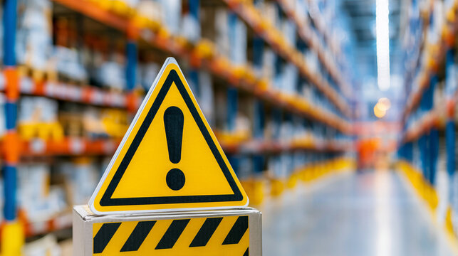 Yellow Triangle Warning Sign Board Placed in Large Industrial Storage Warehouse
