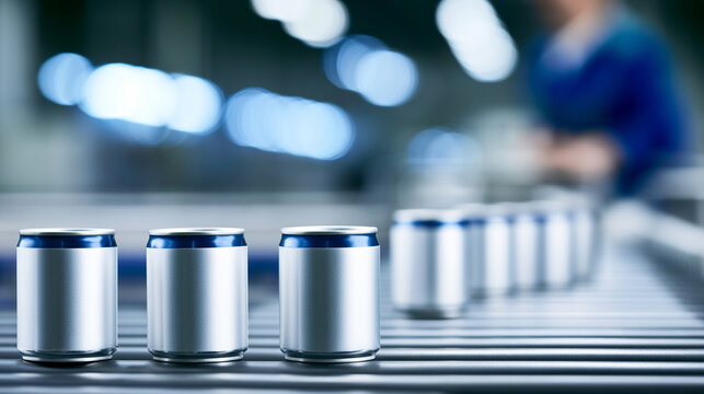 Silver Metal Cans Moving on Conveyor Line in Food Factory Industry
