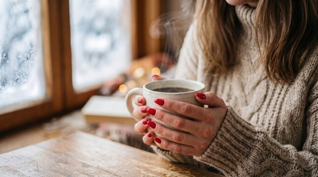 A woman holding a cup of hot coffee 
