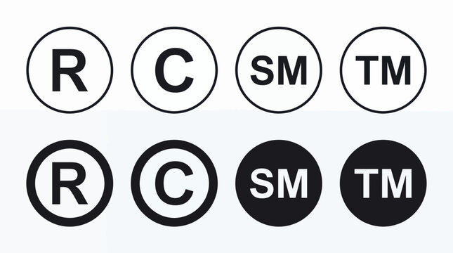 Trademark and copyright symbols set, legal intellectual property vector icons