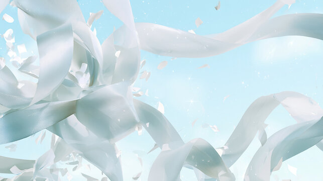 White Ribbons And Flying Confetti Floating Gracefully In Light Blue Sky

