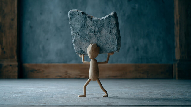 Small Wooden Toy Figure Lifting A Big Heavy Stone Above Head


