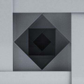 Abstract Geometric Square Tunnel with Layered Frames and Dark Minimal Background, 3D Rendering