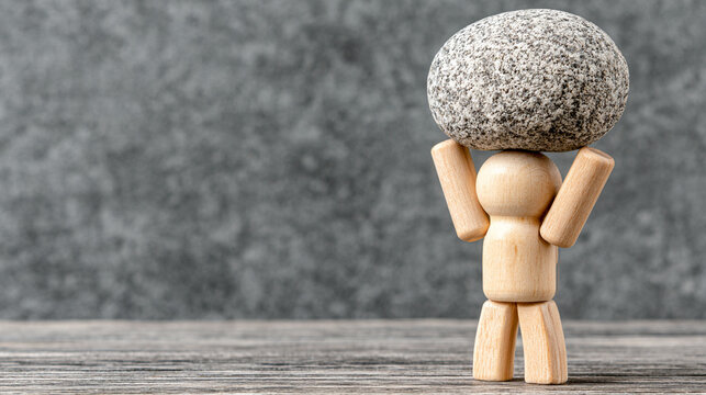 Small Wooden Toy Figure Lifting A Big Heavy Stone Above Head

