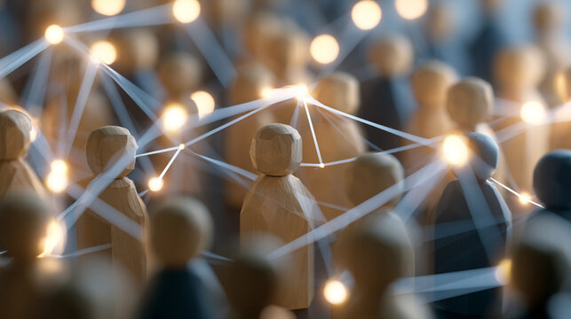 Wooden Figures Connected In A Network Circle Structure With Glowing Lines

