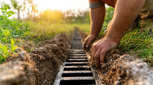 Worker Installing Black Plastic Drainage Grate In Lawn Dirt Trench
