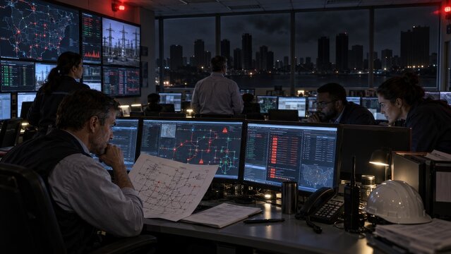 Power grid operators monitoring control room at night