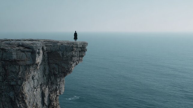 Person Standing Alone on Cliff Edge Overlooking Calm Ocean During Daylight Under Cloudy Sky