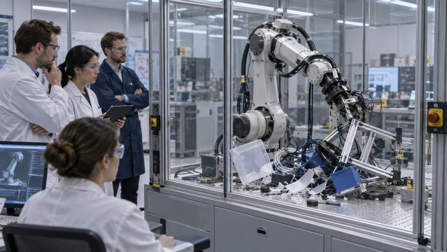 Engineers inspecting a broken robot arm in research lab