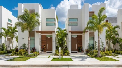 Obraz premium Modern Residential Architecture with Tropical Landscaping and Blue Sky in Suburban Neighborhood