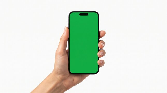 Hand Holding Modern Smartphone with Green Screen Mockup Isolated on White Background