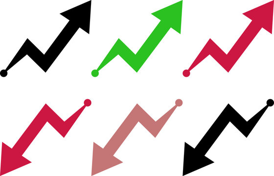 Set of arrow charts showing upward and downward trends in black green and red for business growth analysis