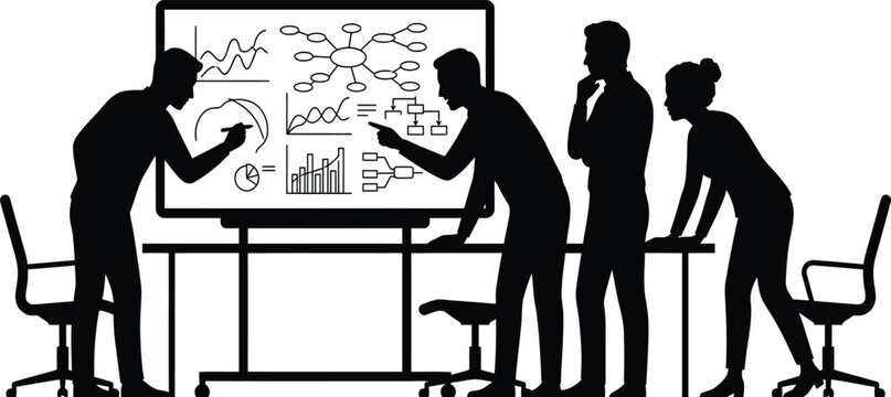 Business analytics team meeting silhouette presenting financial charts and mind map presentation on interactive screen board vector illustration