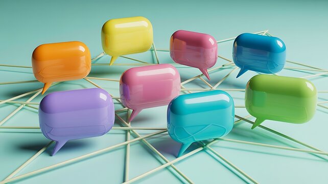 Colorful 3d speech bubbles connected by network lines representing digital communication