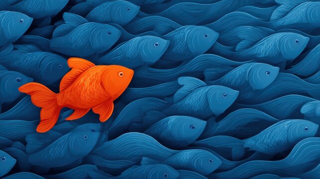 Vibrant Orange Goldfish Swimming Among Blue Fish in a Dynamic Abstract Underwater Scene for Artistic Use