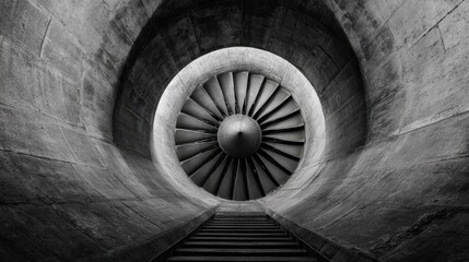 Fototapeta premium Black and White Close-Up of Industrial Turbine Fan in Abstract Architectural Structure with Stairs
