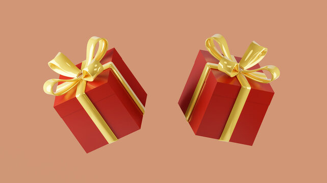 3D double floating Red gift boxes with Yellow ribbon on Antique Brass color background. 3D modeling object