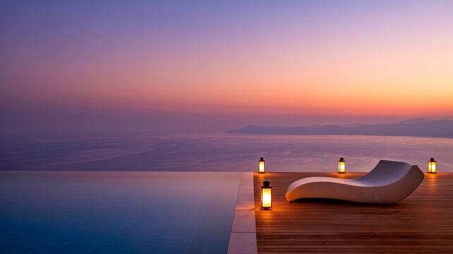 Peaceful sunset over calm water with luxury lounge chair and glowing lanterns on a pier