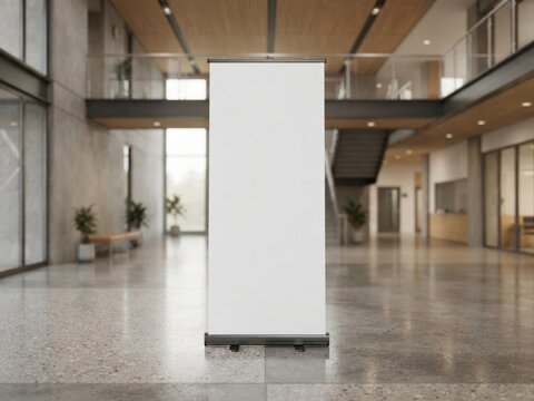Realistic roll-up banner standee mockup inside a modern university hall,