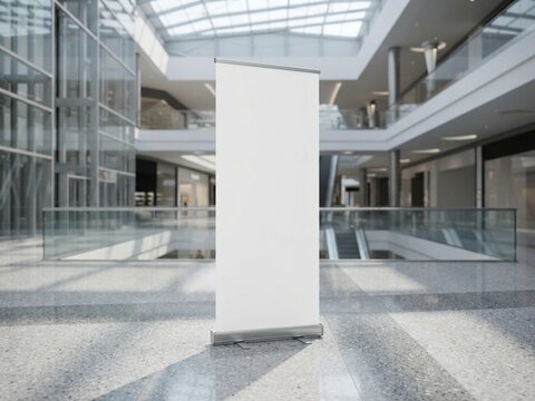 Realistic roll-up banner standee mockup inside a modern university hall,