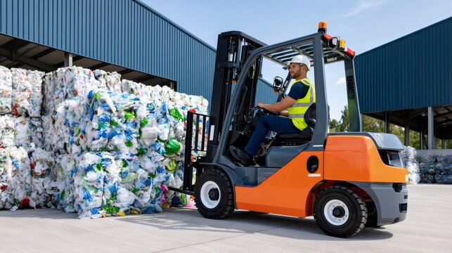 Worker driving forklift moving plastic waste bales at recycling center
