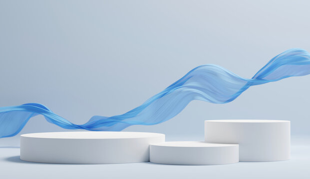 Minimal white podium with blue sheer fabric flowing and empty space for product placement with copy space design for cosmetic and skincare advertising background 3D render