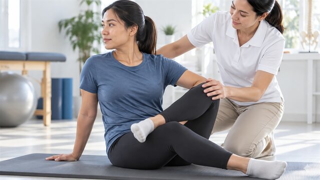 Professional physical therapist assisting patient with stretching exercises for joint recovery and improved mobility