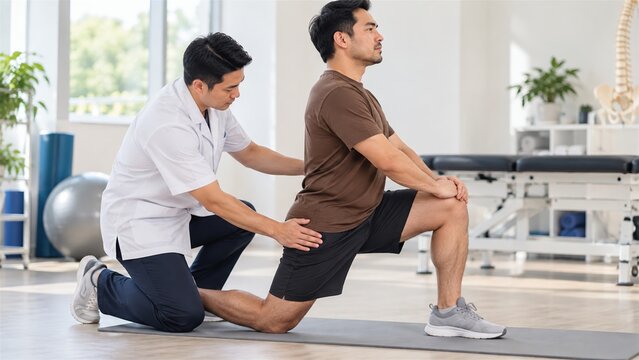 Professional physical therapist assisting patient with hip flexor stretching exercises in modern rehabilitation clinic facility