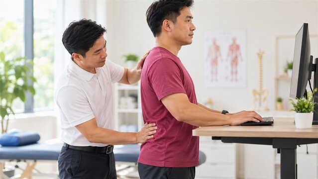 Professional physiotherapist examining patient back posture at standing desk in modern medical clinic environment office