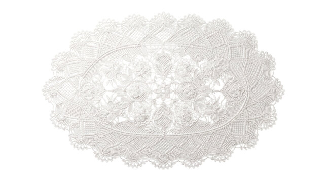 Intricate handmade white lace doily featuring delicate floral patterns and vintage crochet textile design displayed on transparent background