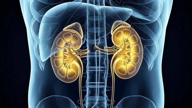 3D medical animation showing a transparent human torso with glowing yellow kidneys and skeletal structure