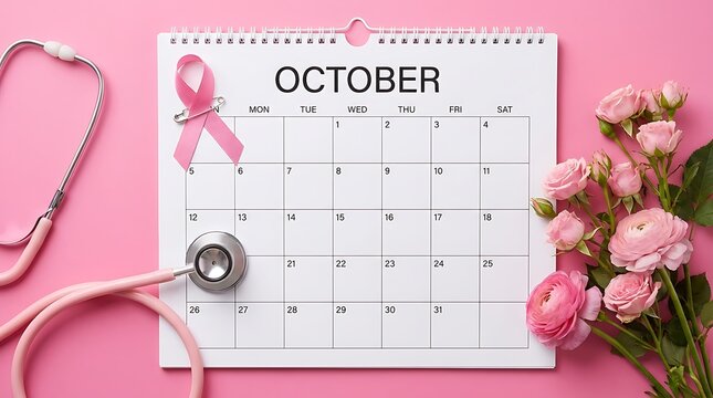 Calendar for october awareness month featuring a pink ribbon for breast cancer awareness and women health cancer support