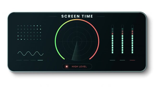 High Screen Time Level HUD Gauge Animation, Digital Wellness and Device Use Monitoring Dashboard