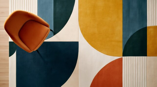 Overhead view modern chair and geometric rug design