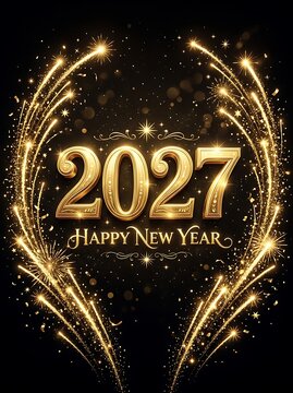 Golden 2027 Happy New Year typography design with sparkling fireworks celebration elements