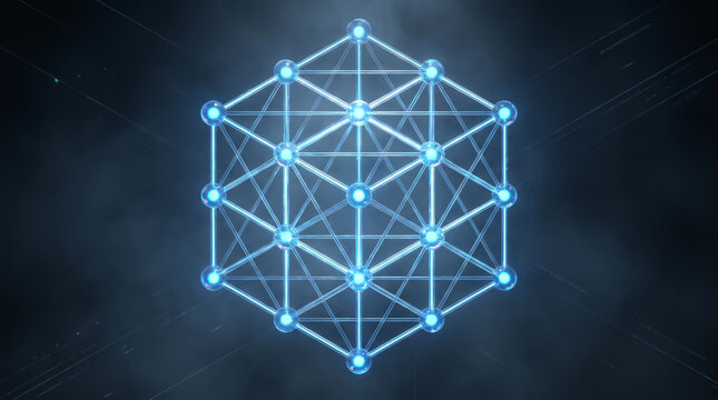 Glowing blue geometric cube made of connected dots and lines representing network technology and data structure on a dark black digital background
