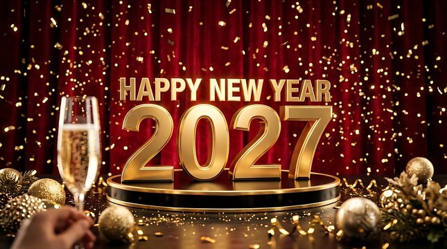 Golden happy new year 2027 text with champagne glass and festive decorations against a red curtain background