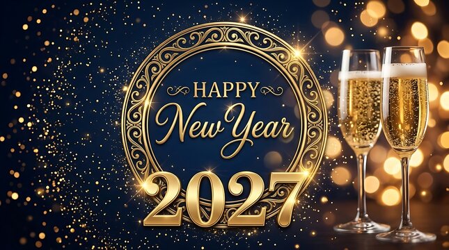 Happy New Year 2027 elegant gold text with champagne glasses and sparkling lights