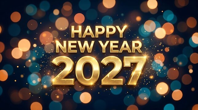 Happy New Year 2027 golden text with bokeh light effect background