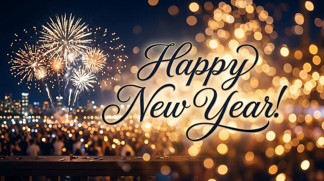 Happy New Year celebration banner with bright golden fireworks and blurred bokeh city lights background