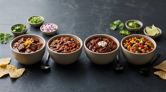 Four bowls of different chili with various toppings and tortilla chips on a dark gray surface. chili cookoff