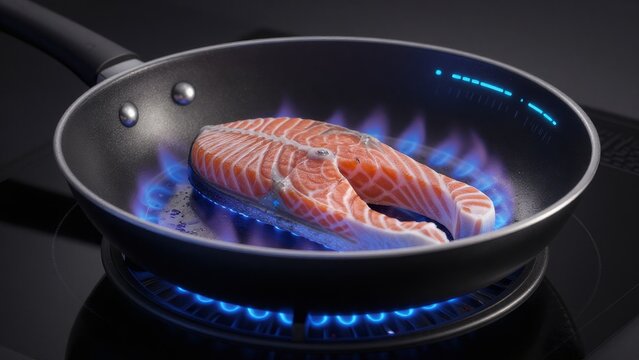 Fresh Salmon Fillet Cooking in Pan with Flames on Modern Stove